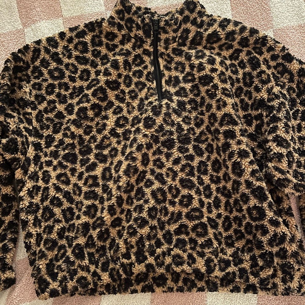 H&M Cropped Leopard Funnel Neck Quarter Zip